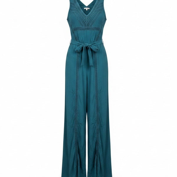 Elevenses Womens Teal Jumpsuit With Lace Accents Belted Wide-Leg Sleeveless Sz 6