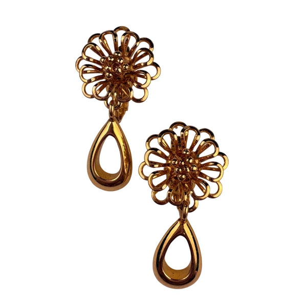 Gold Tone Womens Clip-On Earrings W/ Teardrop Floral Design Pagina Jewelry