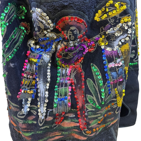 La Coleccion Judith Roberts Black Velvet & Lace Sequined Embroidered Long Coat
