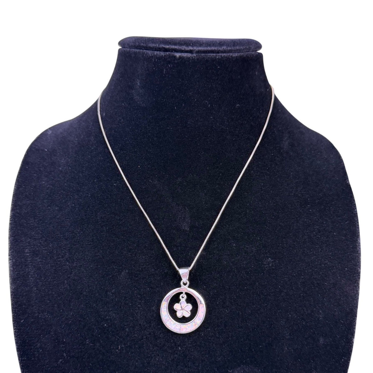 Sterling Silver 925 Womens Opal Circle & Butterfly Pendant Necklace Italy Chain