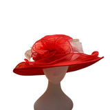 Red Womens Sheer Organza Wide Brim Hat With Ribbon Accent Elegant Style