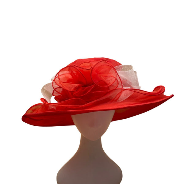 Red Womens Sheer Organza Wide Brim Hat With Ribbon Accent Elegant Style