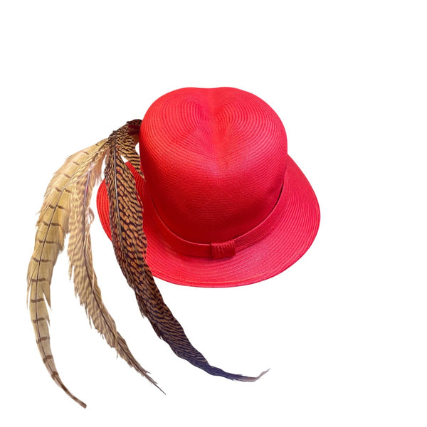Adolfo II Womens Red Straw Feather-Accent Hat