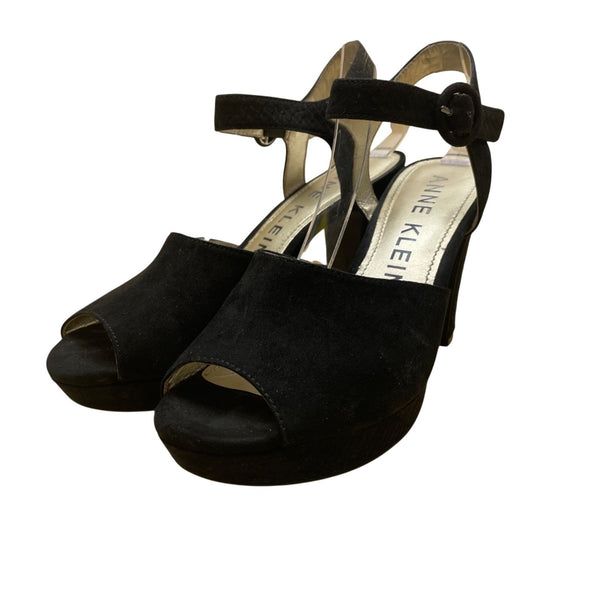 Anne Klein Women’s Black Suede Open Toe Buckle Strap Pearlina Heels Size 7.5 M