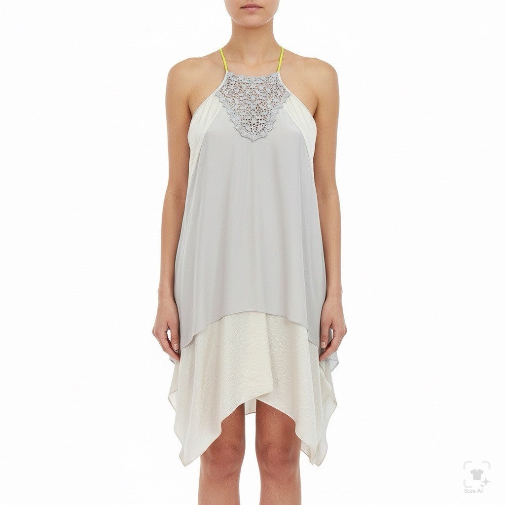 Rebecca Taylor Gray & Cream Silk Sleeveless Crochet Detail Flowy Dress Sz 2