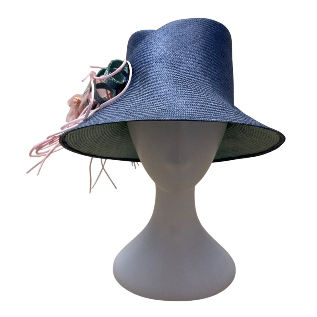 Vtg Nordstrom Blue Straw Hat W/ Pink Floral Accent & Green Ribbon Embellishment