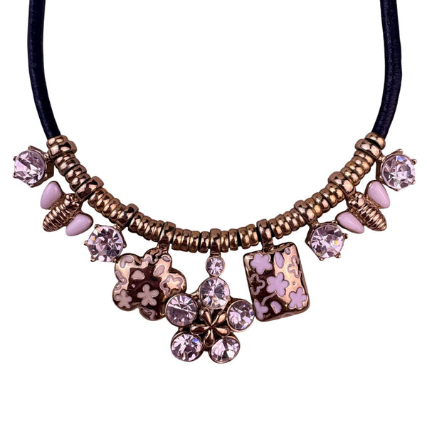 Pilgrim Womens Black Leather Necklace With Gold Tone & Crystal Charm 