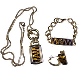 Vintage Enamel Tiger Print Jewelry Set Gold Tone Necklace Bracelet Earrings