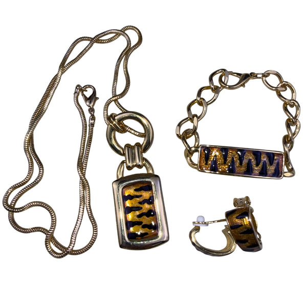 Vintage Enamel Tiger Print Jewelry Set Gold Tone Necklace Bracelet Earrings