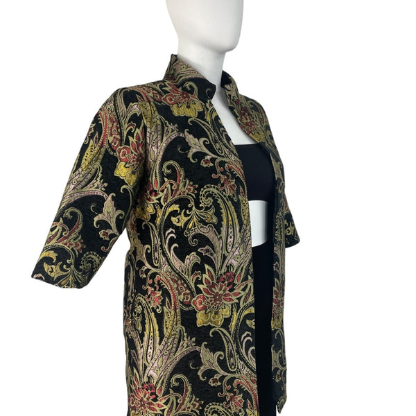 Floral Embroidered Open Jacket Womens Multicolor Brocade 3/4 Sleeve