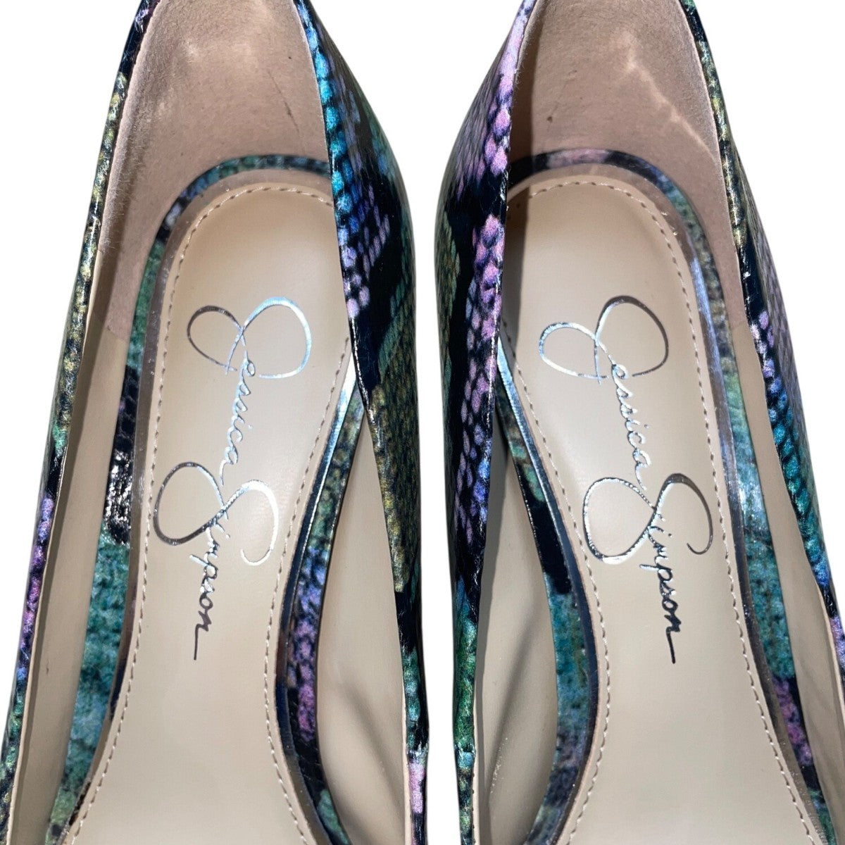 Jessica Simpson Women’s Purple & Green Snake Print Carpena High Heels Sz 7.5