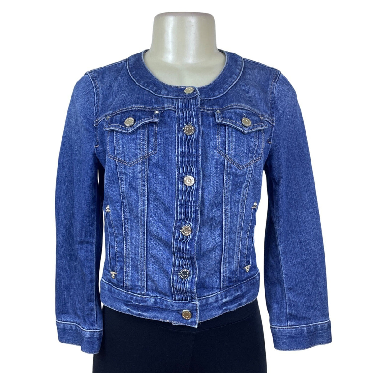 White House Black Market Women’s Blue Denim Button-Front Fitted Jacket Sz 4
