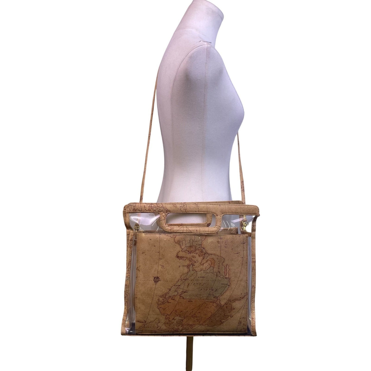 JR Comeco Women’s Beige Map Print With Clear Overlay Crossbody Bag