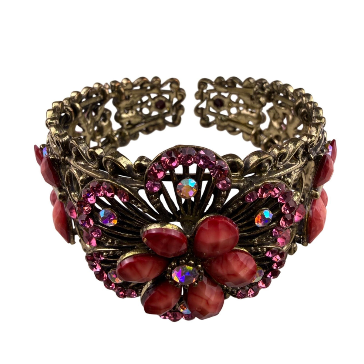 Bronze Floral Cuff Bracelet With Clear & Pink Faux Rhinestones & Red Gemstones