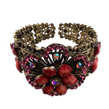 Bronze Floral Cuff Bracelet With Clear & Pink Faux Rhinestones & Red Gemstones