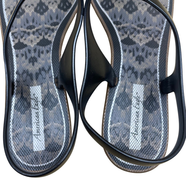 American Eagle Women’s Black Rubber Animal Print Studded T-Strap Sandals Size 9
