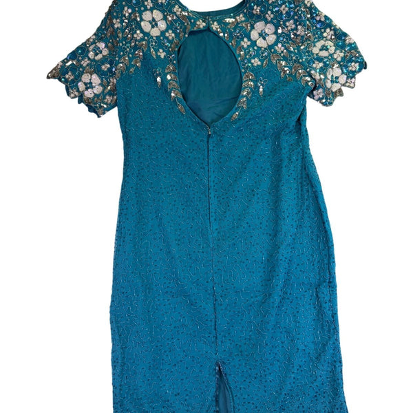 Sténay Womens Teal Beaded Sequin Floral Silk Evening Cocktail Dress Size 14