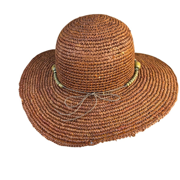 Nine West Womens Brown Straw Sun Hat With Beaded Band Wide Brim Beach Accessory
