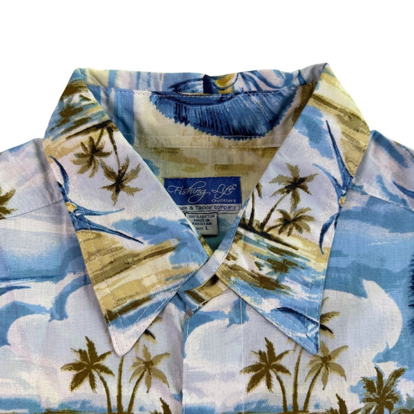 Fishing Life Mens Blue Hawaiian Fishing Shirt Short-Sleeve Casual Sz L