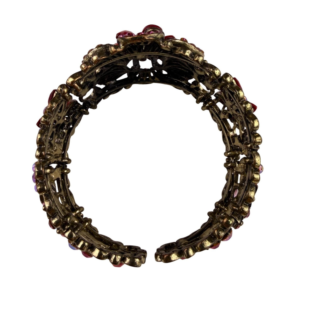 Bronze Floral Cuff Bracelet With Clear & Pink Faux Rhinestones & Red Gemstones