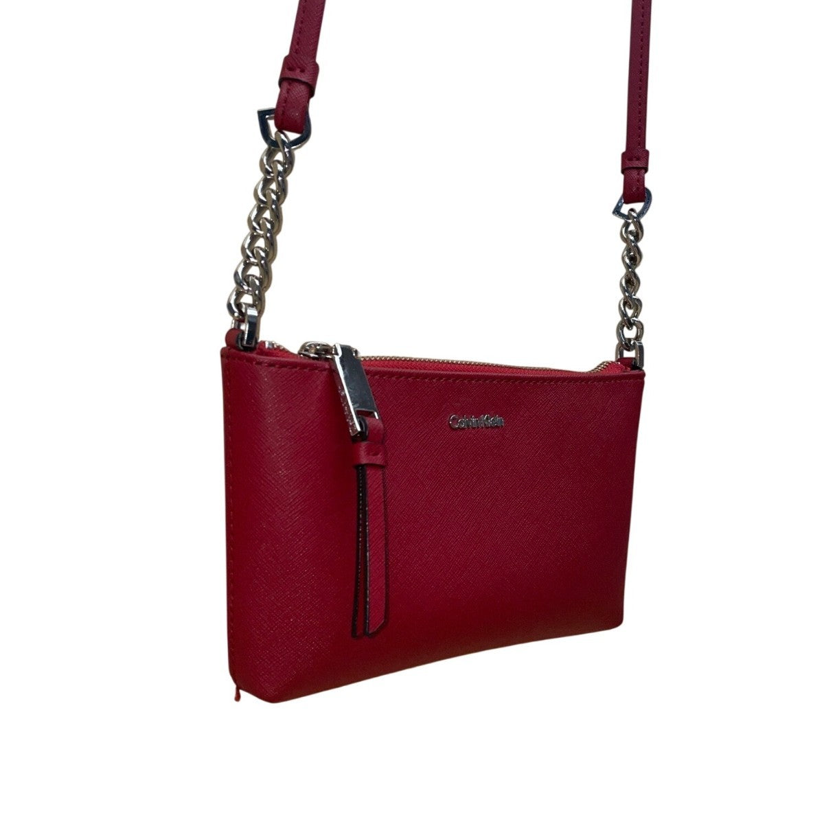 Calvin Klein Women’s Red Faux Leather Chain Strap Zip Closure Crossbody Bag