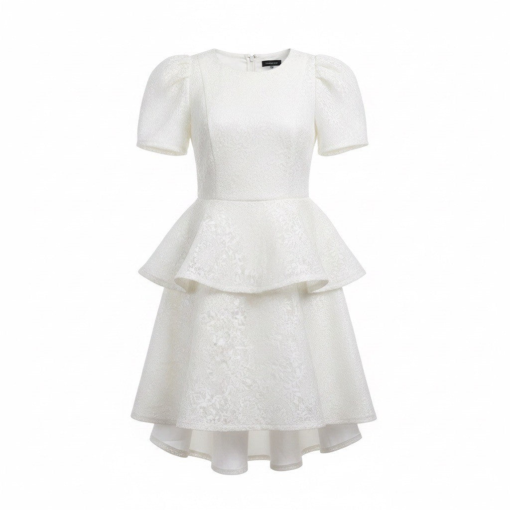 C By CQ Womens White Lace Puff-Sleeve Tiered Dress Floral Fully Lined Sz M