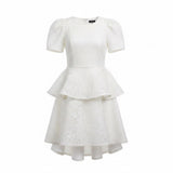 C By CQ Womens White Lace Puff-Sleeve Tiered Dress Floral Fully Lined Sz M