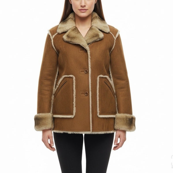 Dennis By Dennis Basso Womens Tan Faux Suede & Fur Button Jacket Winter Sz L