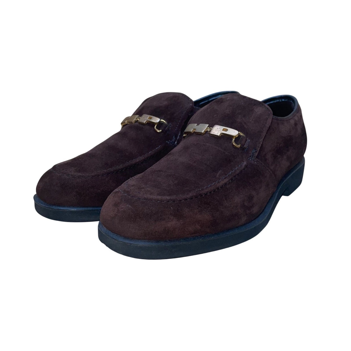 Hush Puppies Women’s Brown Suede Slip-On Gold Logo Detail Classic Loafers Sz 9.5