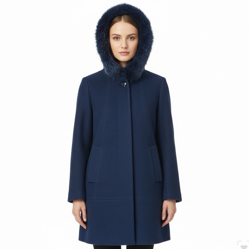 Pendleton Womens Navy Wool & Cashmere Coat With Fox Fur Trim Hood Size 8