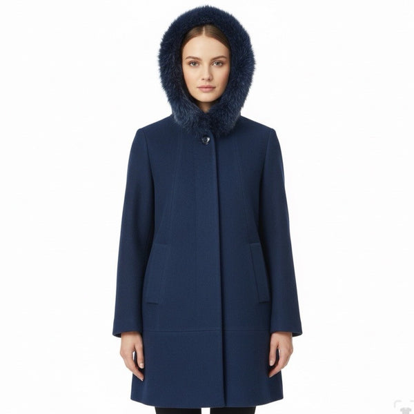 Pendleton Womens Navy Wool & Cashmere Coat With Fox Fur Trim Hood Size 8