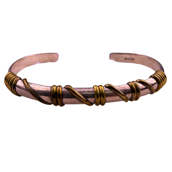 Sterling Silver & Brass Mens Adjustable Cuff Bracelet Handcrafted Mexico 