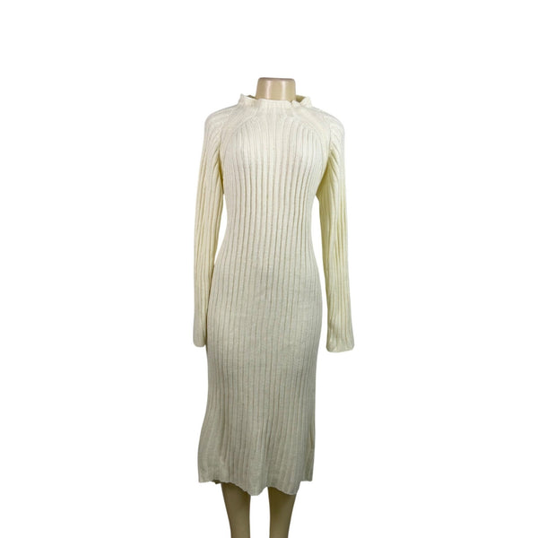 Queens Street Womens Cream Ribbed Knit Long Sleeve Midi Sweater Dress Size OS