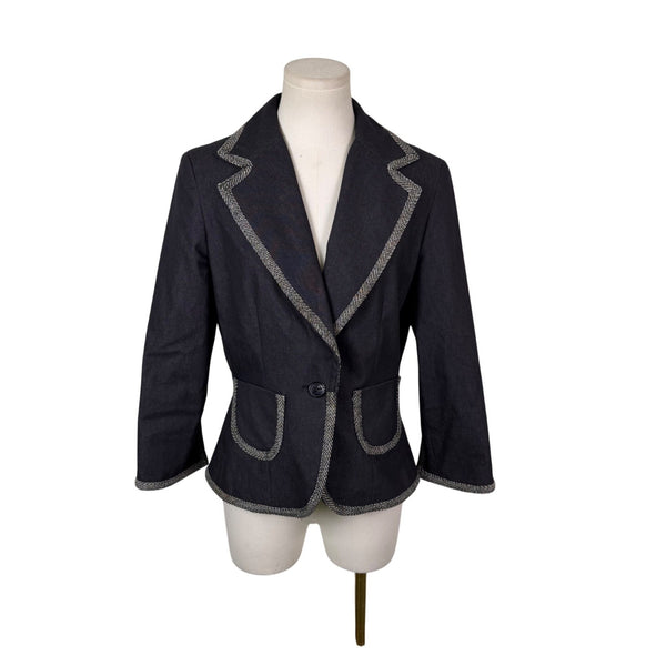 Donna Rae Womens Black Cotton Blend Jacket Textured Trim Single Button Size 10