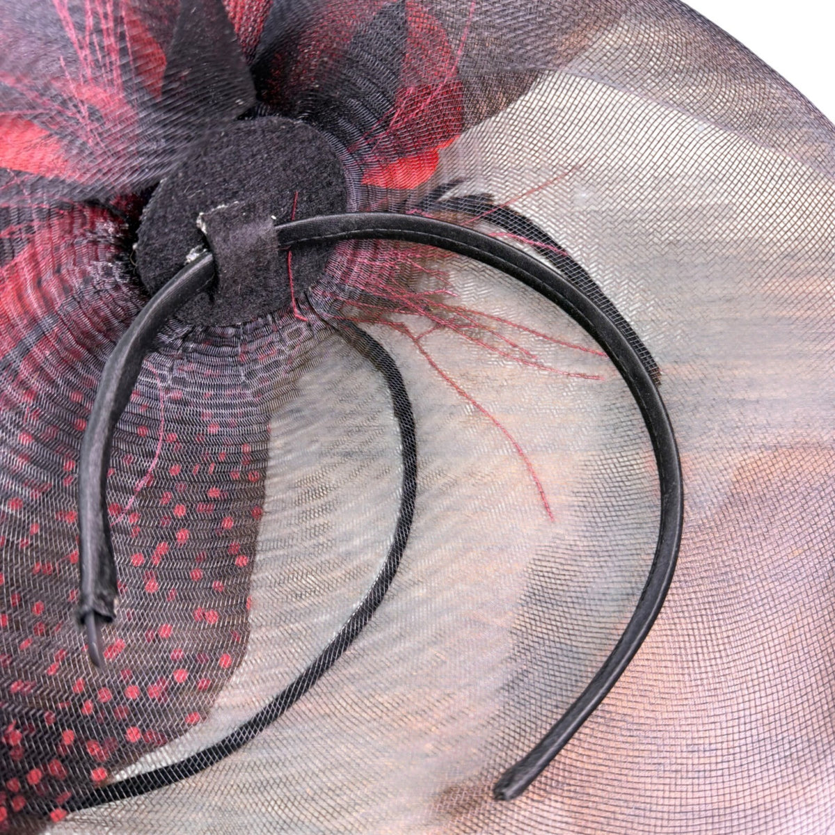 Black & Red Womens Mesh Fascinator Floral Detail & Polka Dot Netting Headband