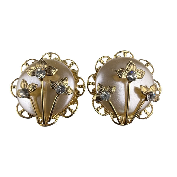 Vintage Gold Tone Flower Clip-On Earrings With Rhinestone Accents Round Filigree