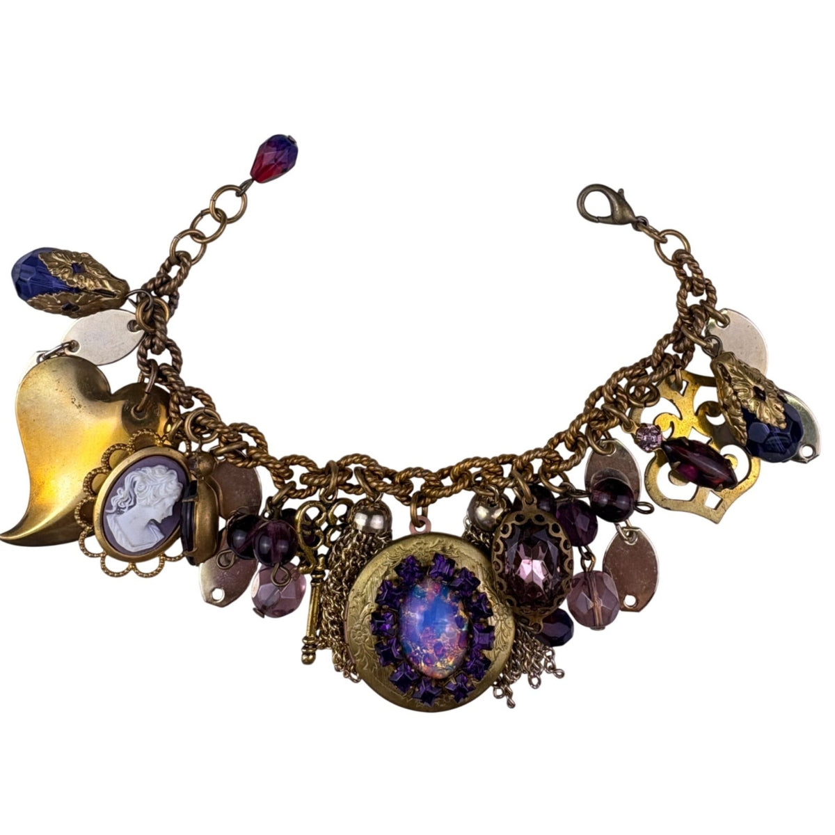 Vintage Womens Gold Tone Copper Charm Bracelet With Purple Cameo & Locket