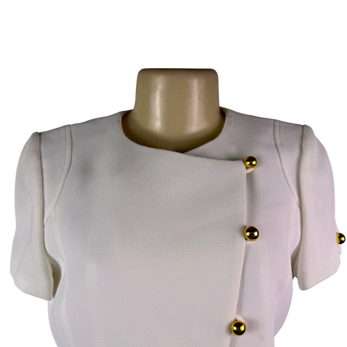 Tahari Womens White Polyester Short Sleeve Gold Button Detail Blouse Size 4