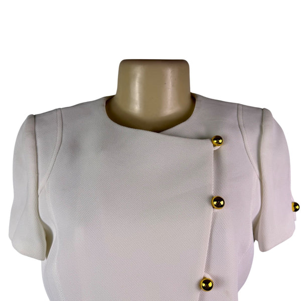 Tahari Womens White Polyester Short Sleeve Gold Button Detail Blouse Size 4