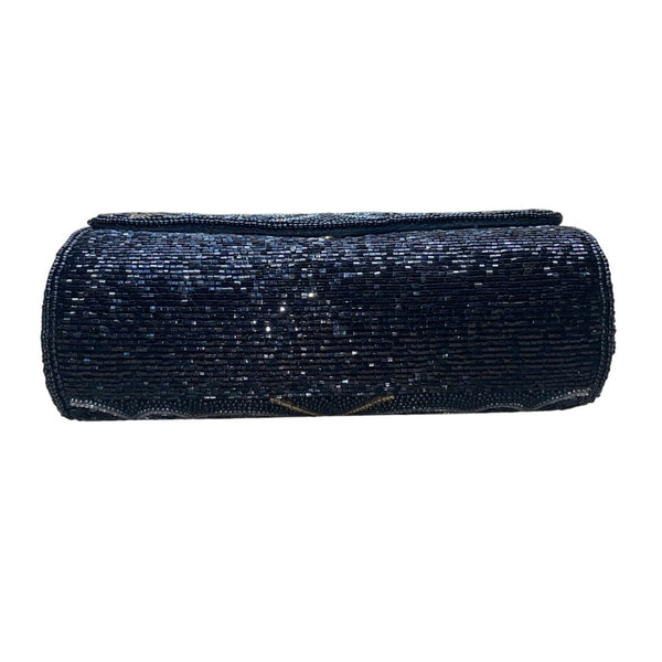 Milor Women’s Black & Gold Beaded Cylindrical Floral Design Shoulder Bag Clutch