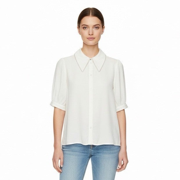 Ted Baker Womens White Button-Up Shirt With Pearl-Embellished Collar Sz 2