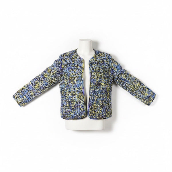 Chicos Design Womens Blue Yellow Multicolor 100% Silk Open Front Jacket Size 2