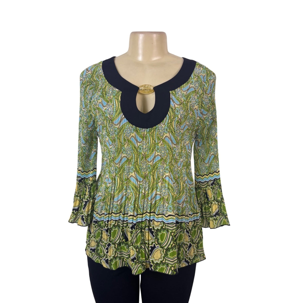 Nicola Womens Green/Blue Keyhole-Neck Boho Tunic With Bell Sleeves Sz P/M