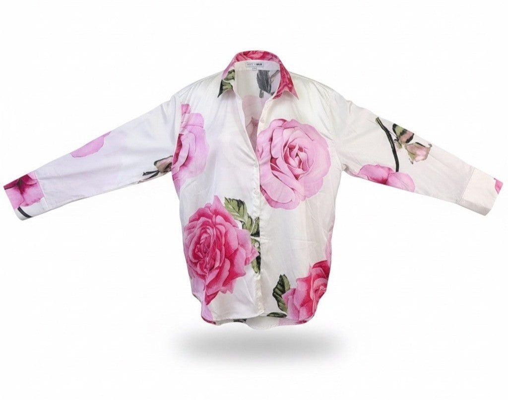 Fashion Nova Womens White Floral Roses Button-Up Shirt Size XL