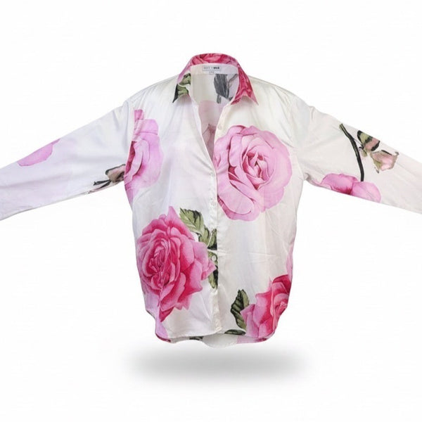Fashion Nova Womens White Floral Roses Button-Up Shirt Size XL