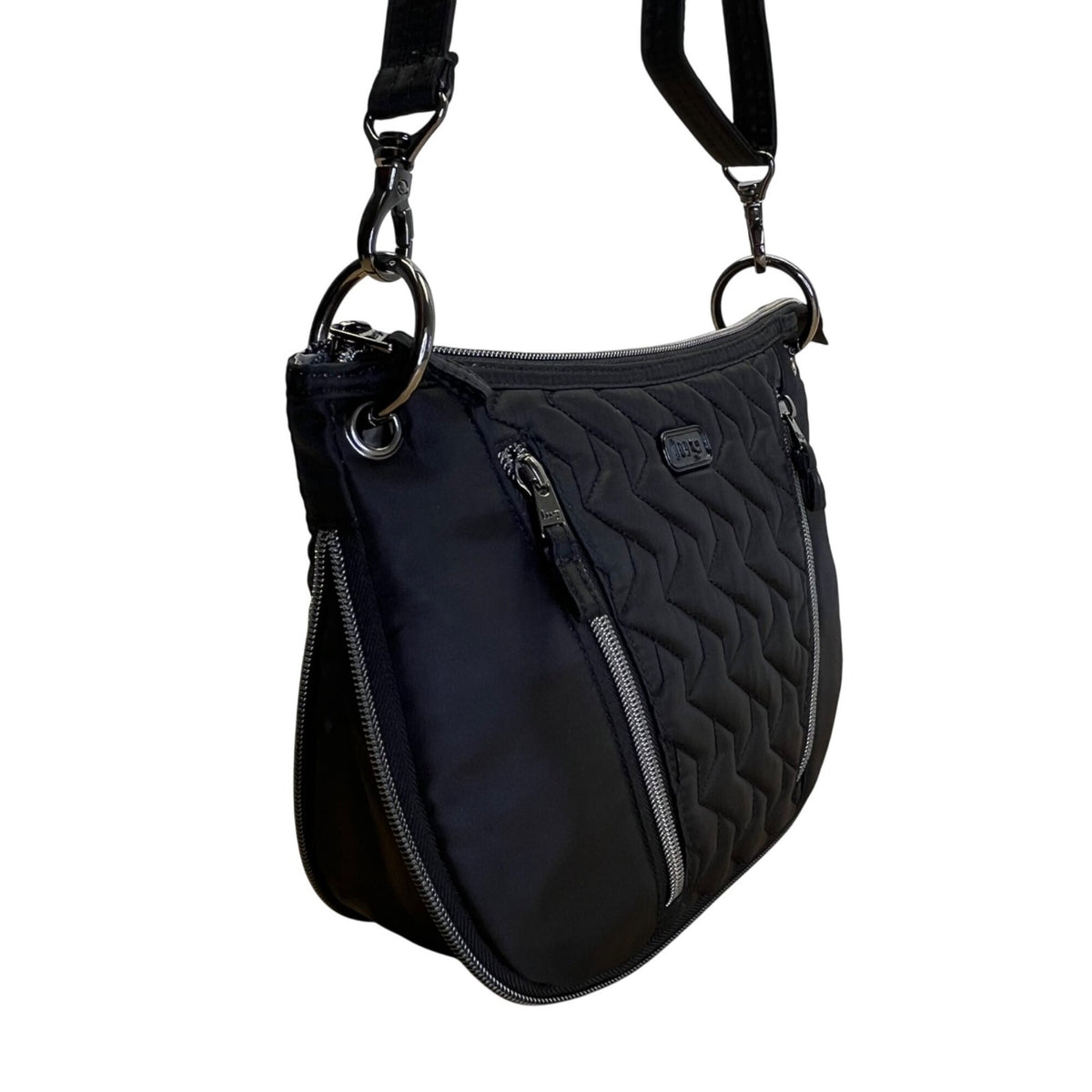 Lug Quilted Black Nylon Adjustable Strap & Zipper Pockets Swivel Crossbody Bag