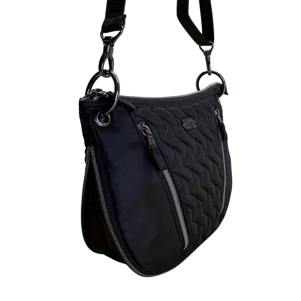 Lug Quilted Black Nylon Adjustable Strap & Zipper Pockets Swivel Crossbody Bag