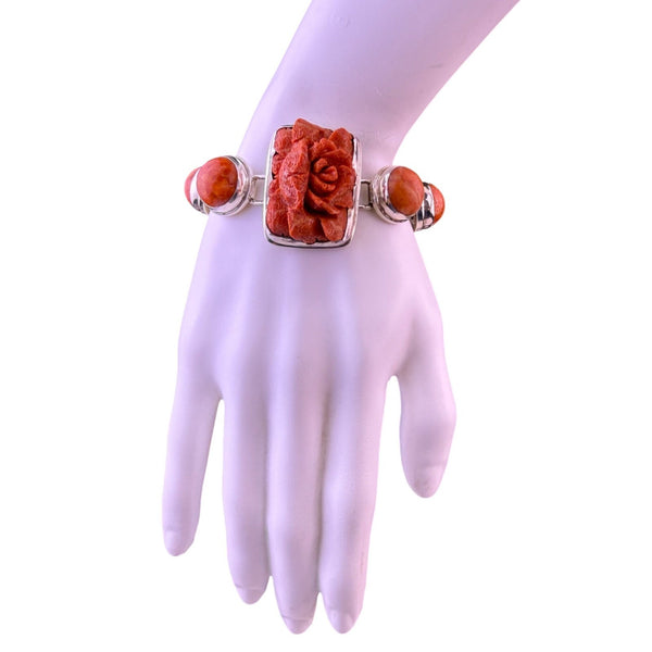 Vintage Sterling Silver Womens Red Sponge Coral Bracelet Carved Rose Design