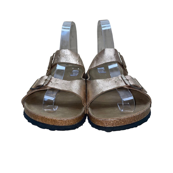 Yo Ki Women’s Rose Gold Metallic Double Buckle Cork Footbed Gian Sandals Sz 8.5