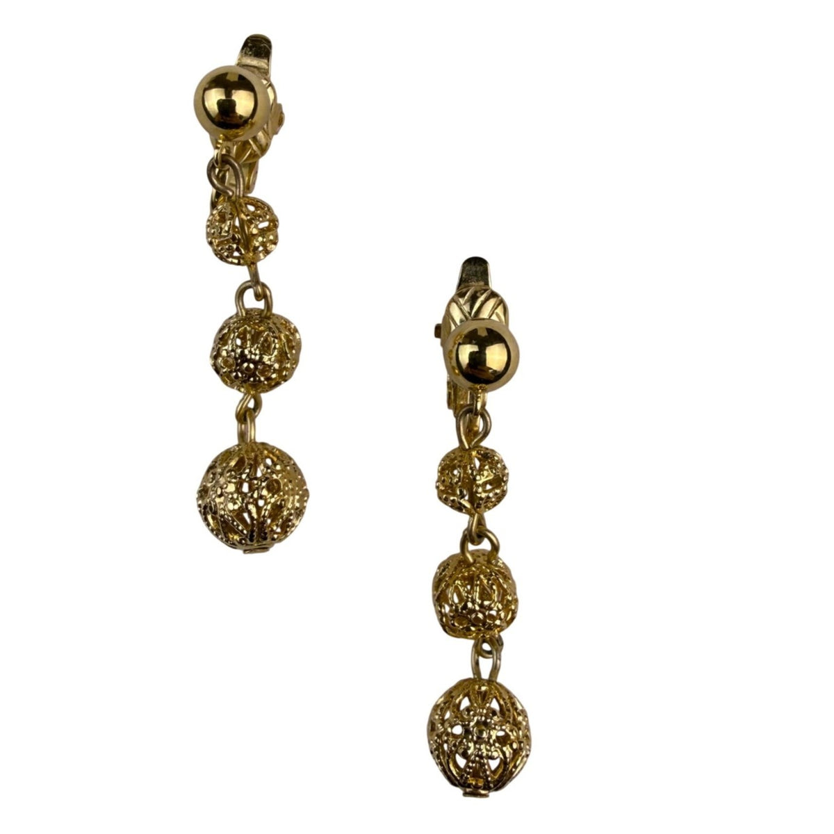 Gold Tone Womens Clip-On Drop Earrings Textured Filigree Dangle Lightweight